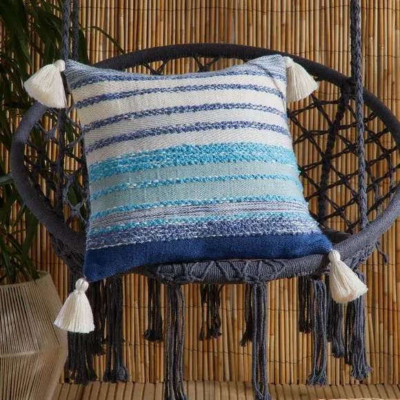 Square Outdoor Cushion with Tassels - Blue