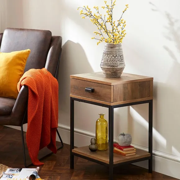 1 Drawer Side Table - Pine, Metal