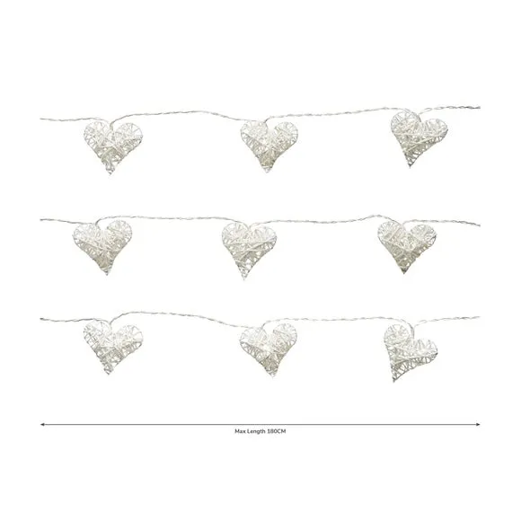 10 LED String Lights Heart Shape - White, Wicker