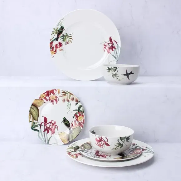 12-Piece Dinner Set Botanical Bird - Red, Porcelain image