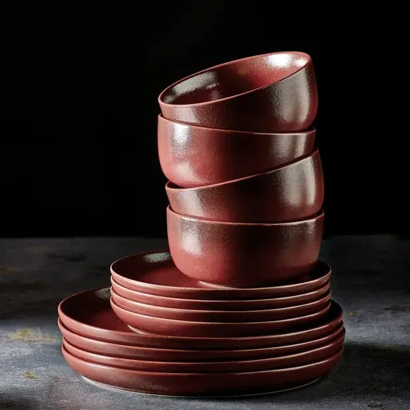 12-Piece Dinner Set - Burgundy, Stoneware