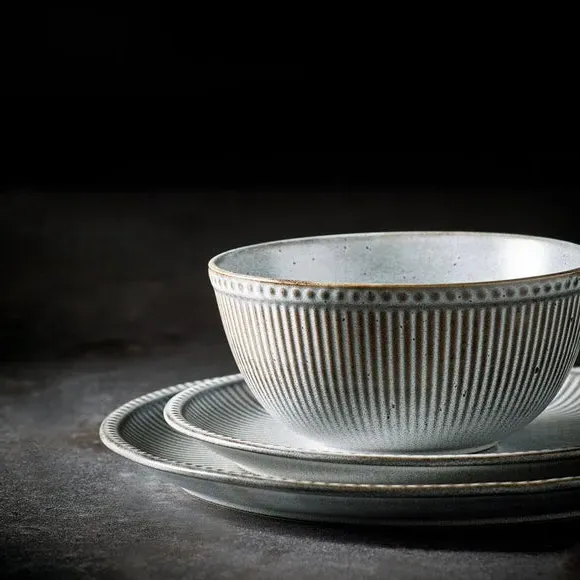 12-Piece Dinner Set Embossed - Grey, Stoneware