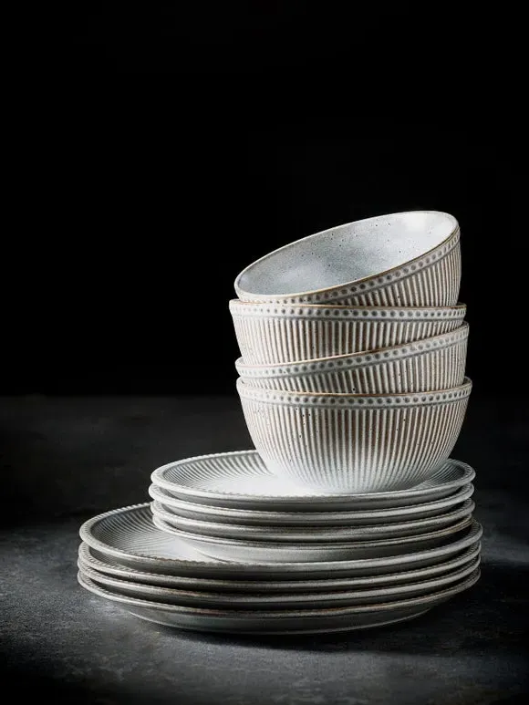 12-Piece Dinner Set Embossed - Grey, Stoneware