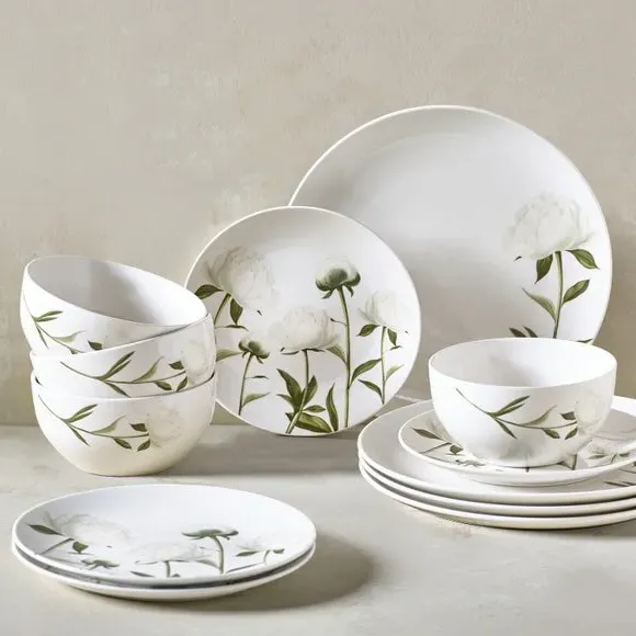 12-Piece Dinner Set Floral Design - Cream, Porcelain