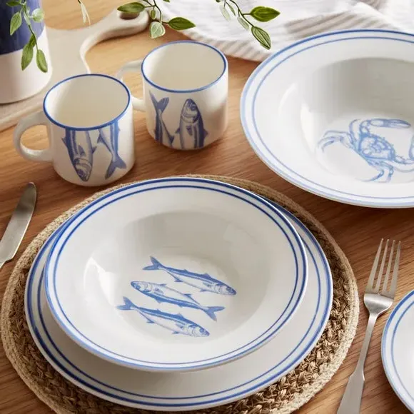 12-Piece Dinner Set Hand Painted - Blue, Porcelain