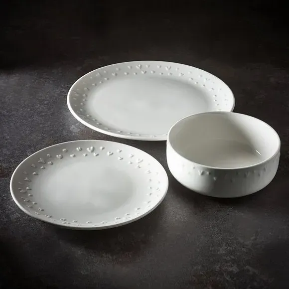 12-Piece Dinner Set Heart Embossed - White