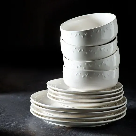 12-Piece Dinner Set Heart Embossed - White