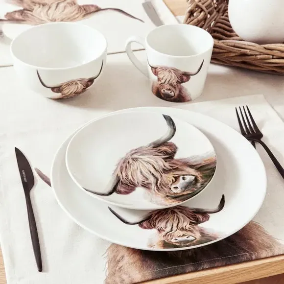 12-Piece Dinner Set Highland Cow - Brown, Porcelain