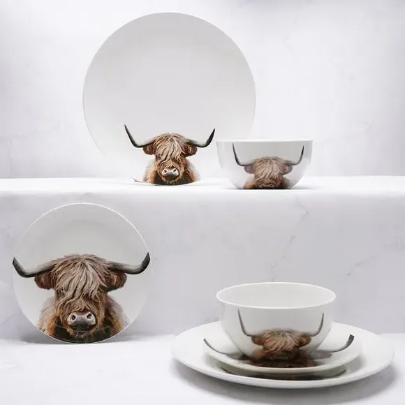 12-Piece Dinner Set Highland Cow - Brown, Porcelain image