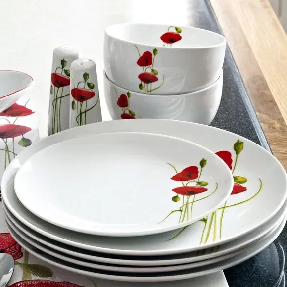 12-Piece Dinner Set with Poppy Design - White