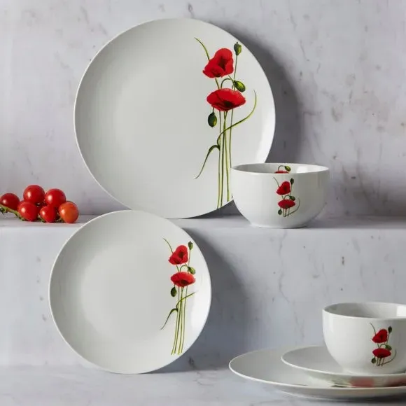 12-Piece Dinner Set with Poppy Design - White image