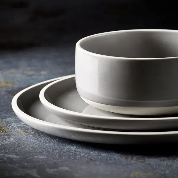 12-Piece Dinner Set with Raw Rim - Grey, Stoneware