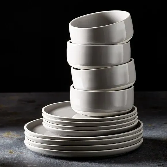 12-Piece Dinner Set with Raw Rim - Grey, Stoneware