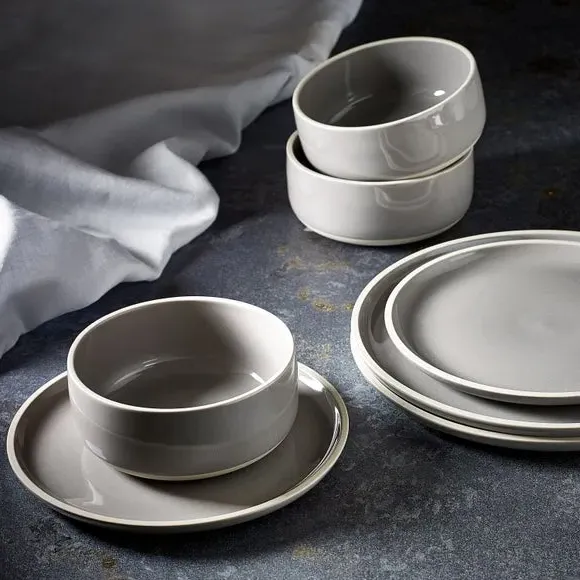 12-Piece Dinner Set with Raw Rim - Grey, Stoneware