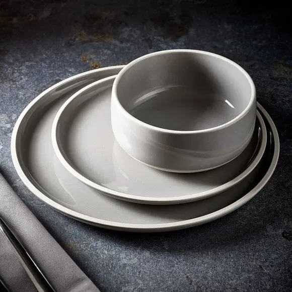12-Piece Dinner Set with Raw Rim - Grey, Stoneware