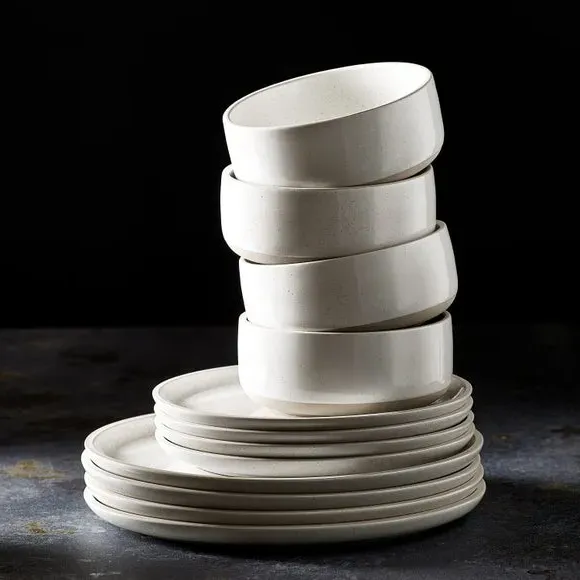 12-Piece Dinner Set with Raw Rim - White, Stoneware