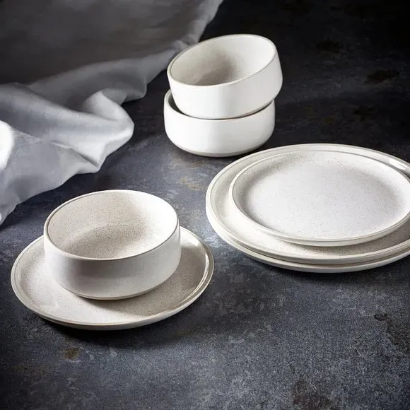 12-Piece Dinner Set with Raw Rim - White, Stoneware