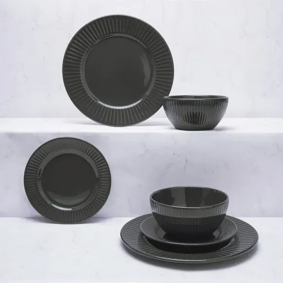 12-Piece Dinner Set with Ribbed Edge - Charcoal image