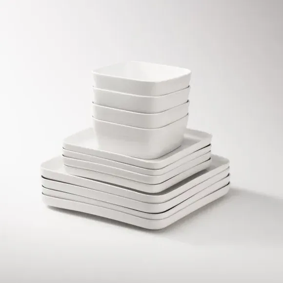 12-Piece Square Dinner Set - White, Bone China