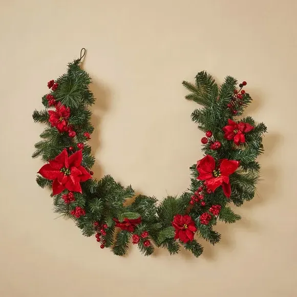 150cm Poinsettia Garland with Berries - Green