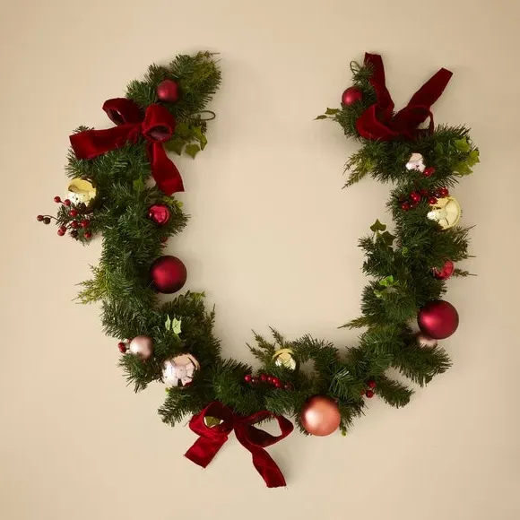 180cm Bauble Garland Mixed Finishes - Burgundy
