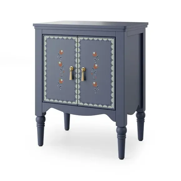 2-Door Bedside Table with Floral Design - Blue