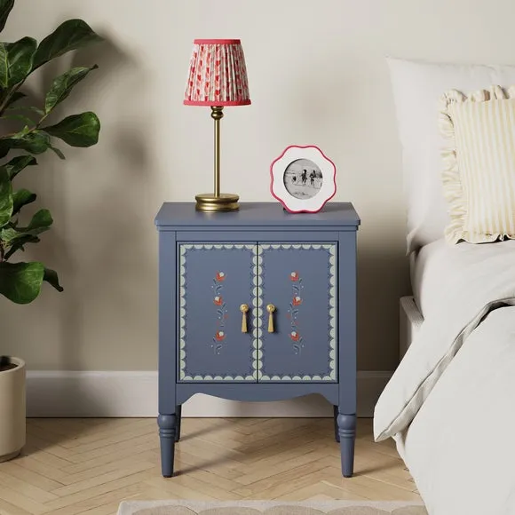 2-Door Bedside Table with Floral Design - Blue image