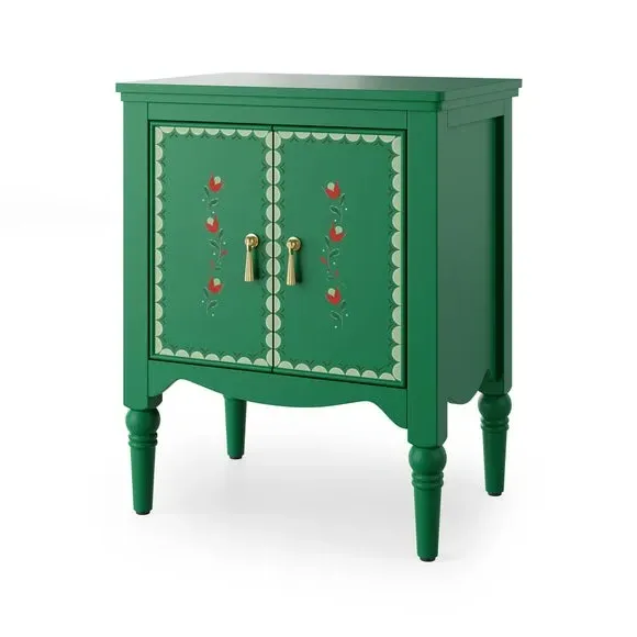 2-Door Bedside Table with Floral Design - Green