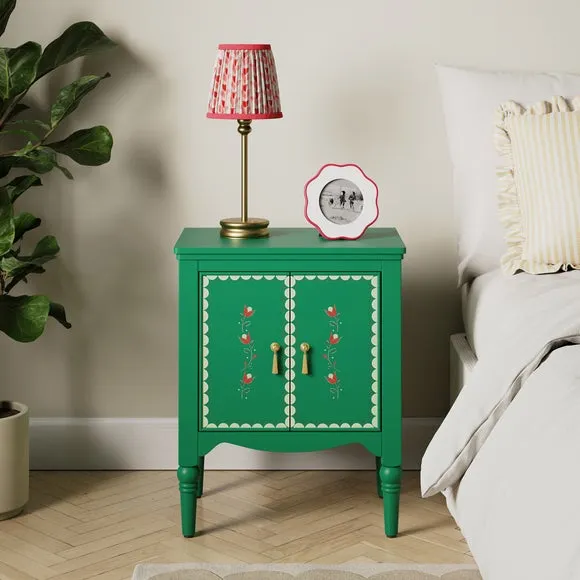 2-Door Bedside Table with Floral Design - Green