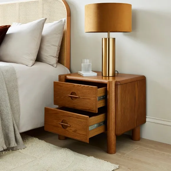 2-Drawer Bedside Table with Groove Handles - Wood