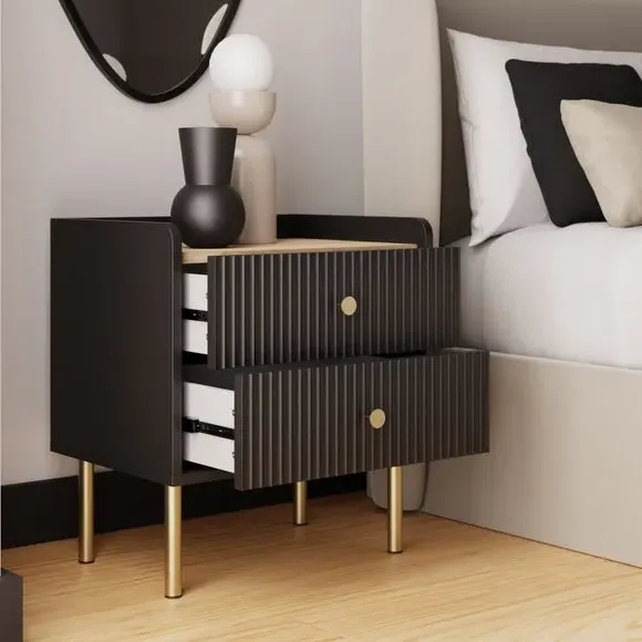 2 Drawer Bedside Table with Shelf - Black, Wood