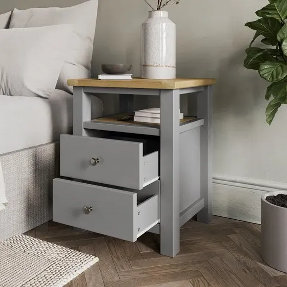 2-Drawer Bedside Table with Shelf - Grey