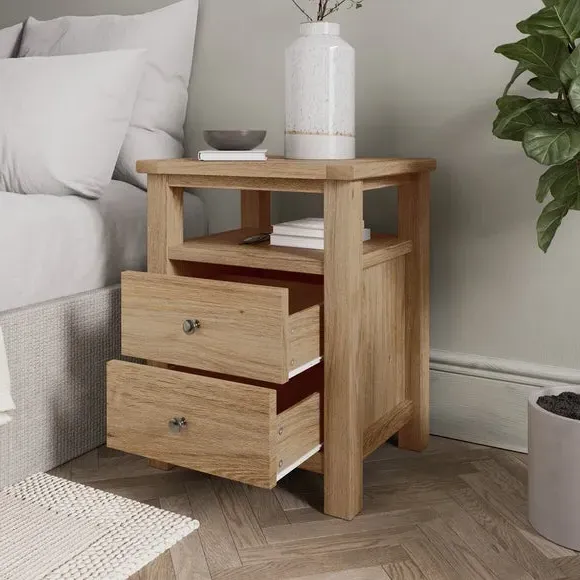2-Drawer Bedside Table with Shelf - Oak