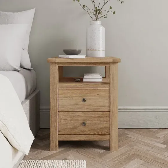 2-Drawer Bedside Table with Shelf - Oak
