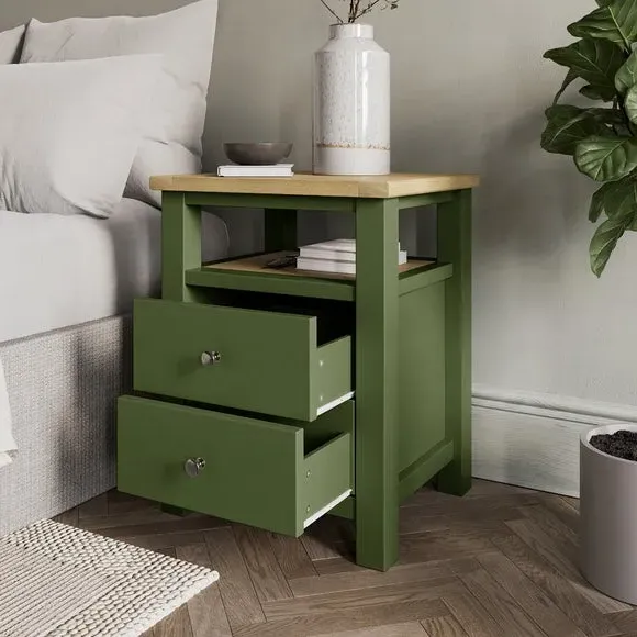 2-Drawer Bedside Table with Shelf - Olive