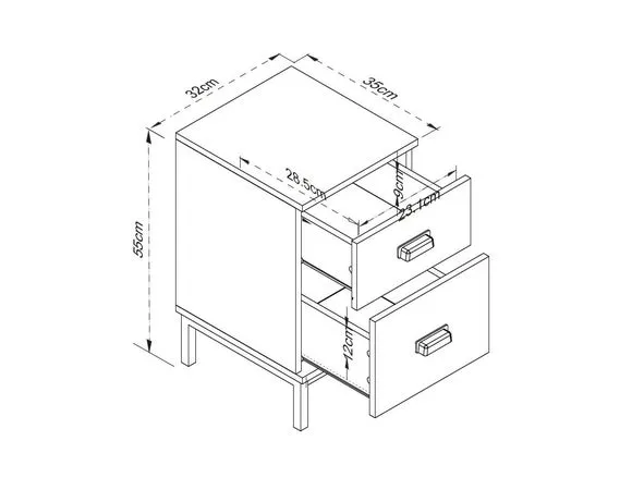 2-Drawer Slim Bedside Table - Pine, Metal