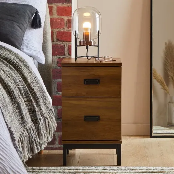 2-Drawer Slim Bedside Table - Pine, Metal image