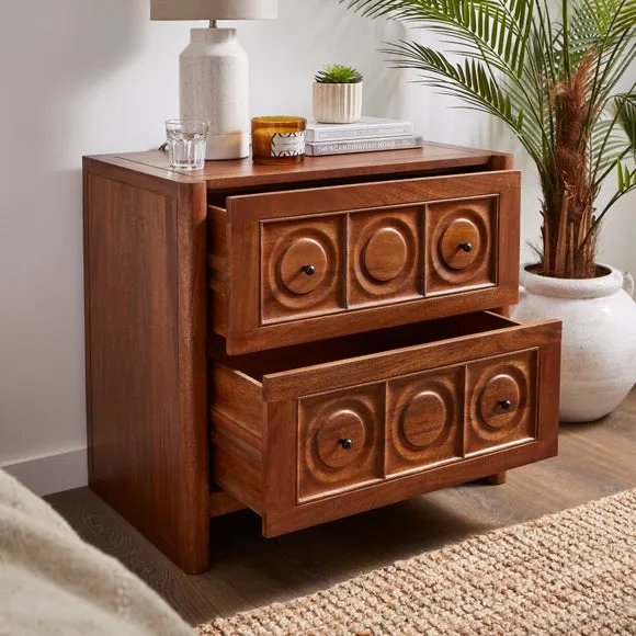 2 Drawer Wide Bedside Table - Dark Mango, Wood
