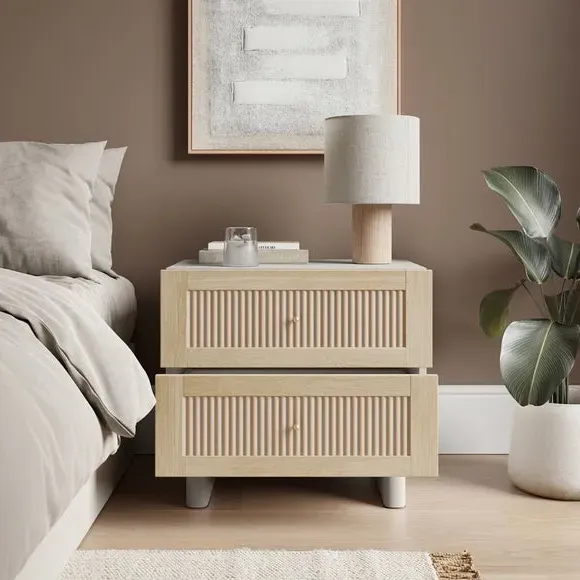 2 Drawer Wide Bedside Table - Light Oak