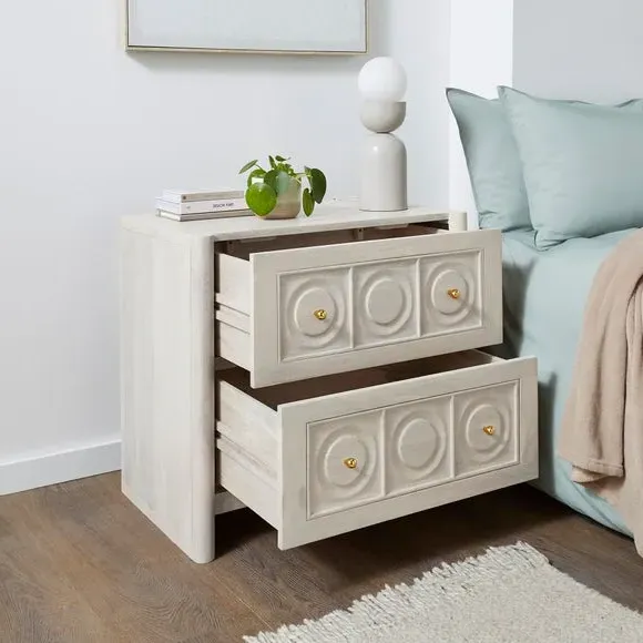 2 Drawer Wide Bedside Table - Whitewashed, Wood