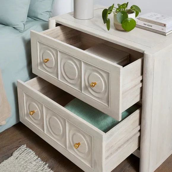 2 Drawer Wide Bedside Table - Whitewashed, Wood