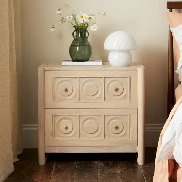2 Drawer Wide Bedside Table - Whitewashed, Wood