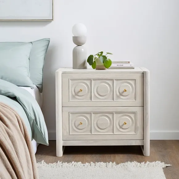 2 Drawer Wide Bedside Table - Whitewashed, Wood