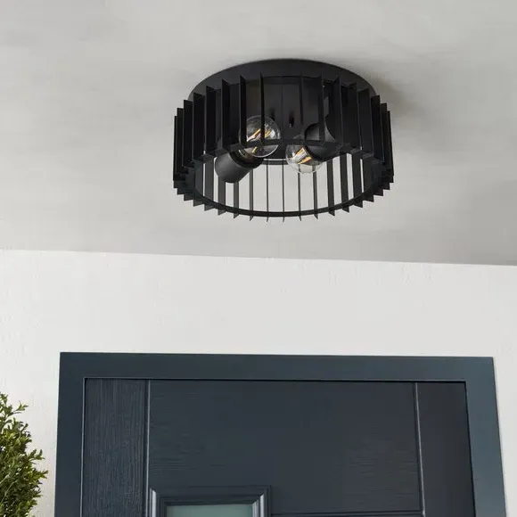 2 Light Flush Ceiling Light - Black, Steel image