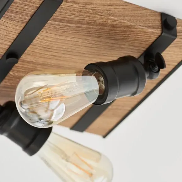 2 Light Flush Ceiling Light - Black, Wood Effect