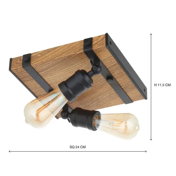 2 Light Flush Ceiling Light - Black, Wood Effect