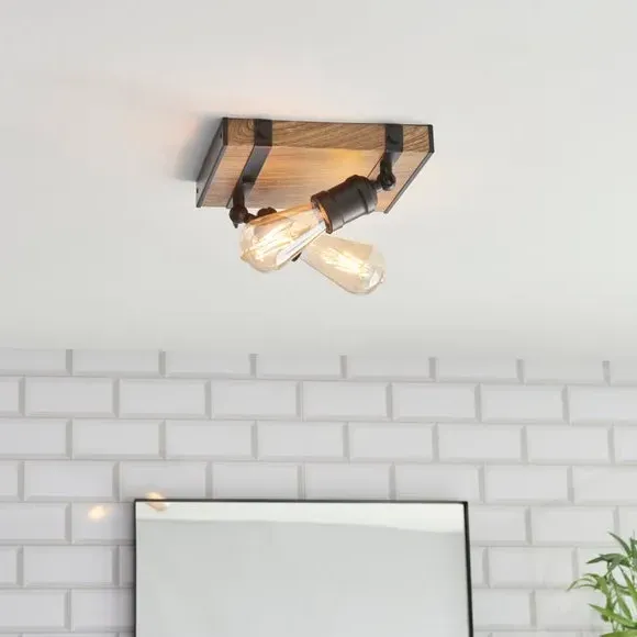 2 Light Flush Ceiling Light - Black, Wood Effect