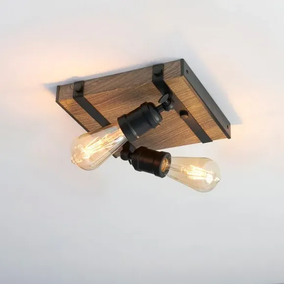 2 Light Flush Ceiling Light - Black, Wood Effect