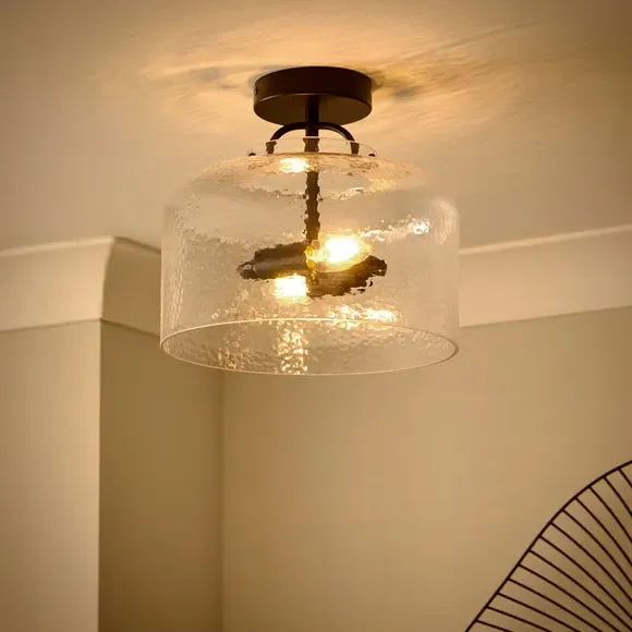 2-Light Semi Flush Ceiling Light - Black, Glass