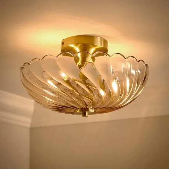 2-Light Semi Flush Ceiling Light - Gold, Glass
